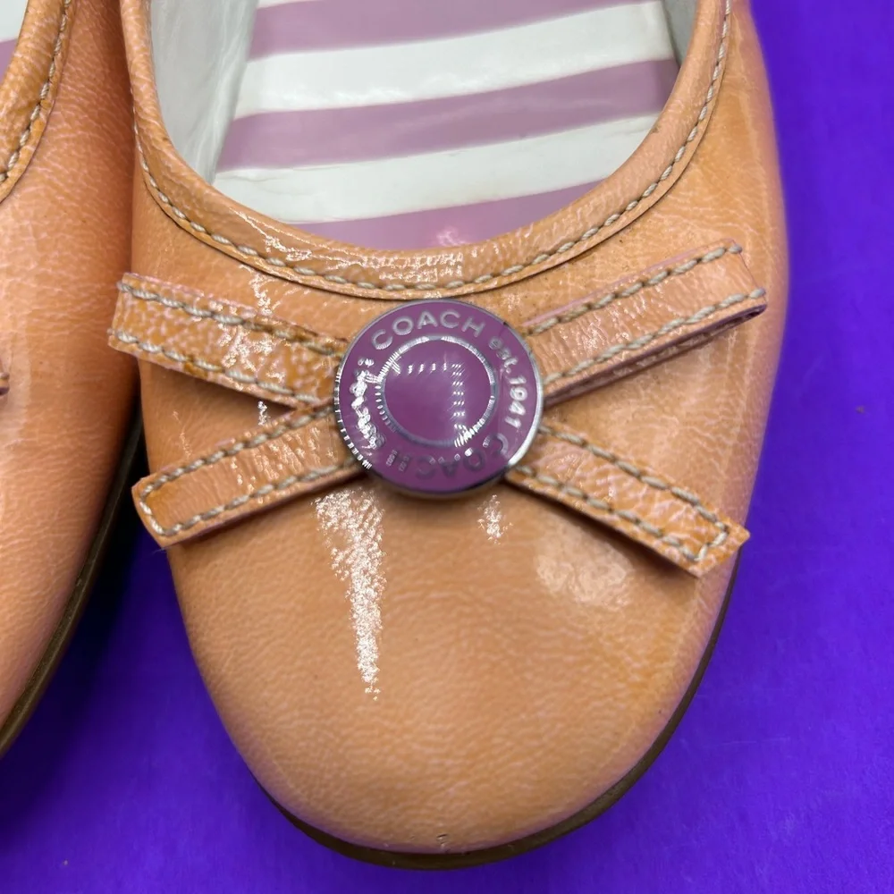 Coach Tan Leather Ballet Flats with Purple Button Detail
